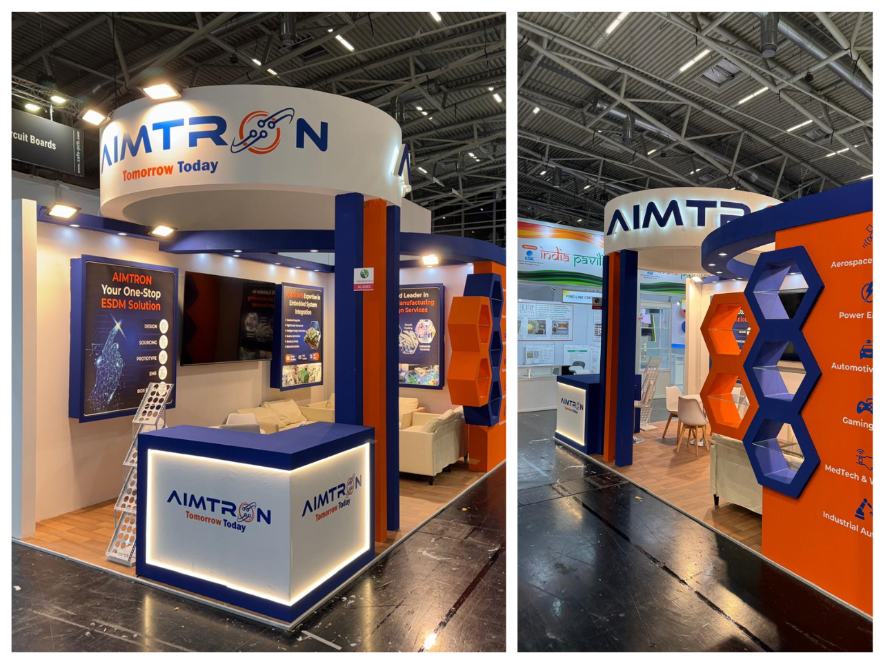 High-tech trade fair booth design for Aimtron at Electronica 2024
