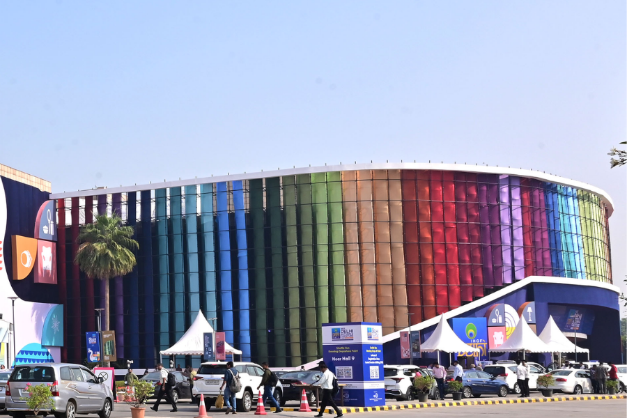 Modern trade show stall design and fabrication at India Expo Centre & Mart, Greater Noida.