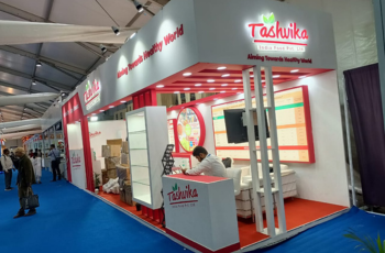 Eco-friendly and custom-built trade show booth design by Booth Fabricators for Vitafoods India 2025 in Mumbai. 