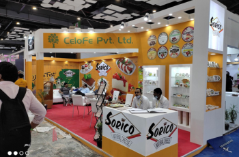 Custom booth showcasing innovative exhibit design and craftsmanship for Vitafoods India 2025, a leading nutraceutical trade show.